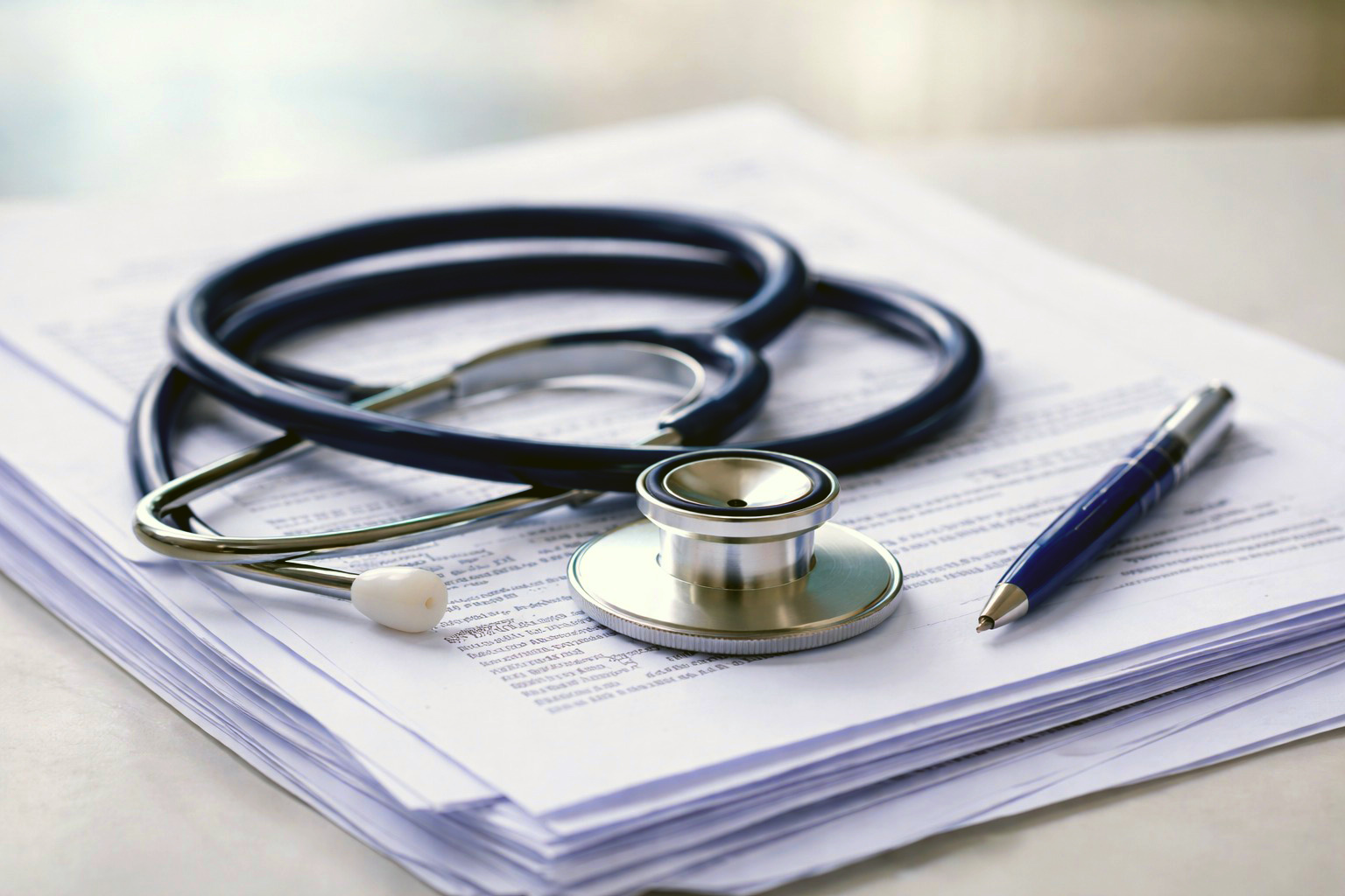 Stethoscope and pen on medical papers